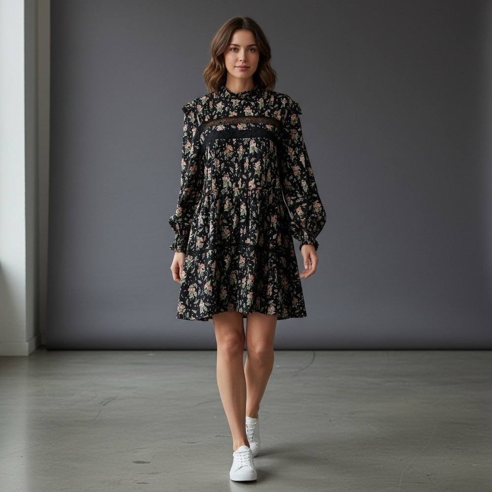 Pilcro Anthropologie NWT Large Long Sleeve Mock Neck Swing Mini Dress Floral